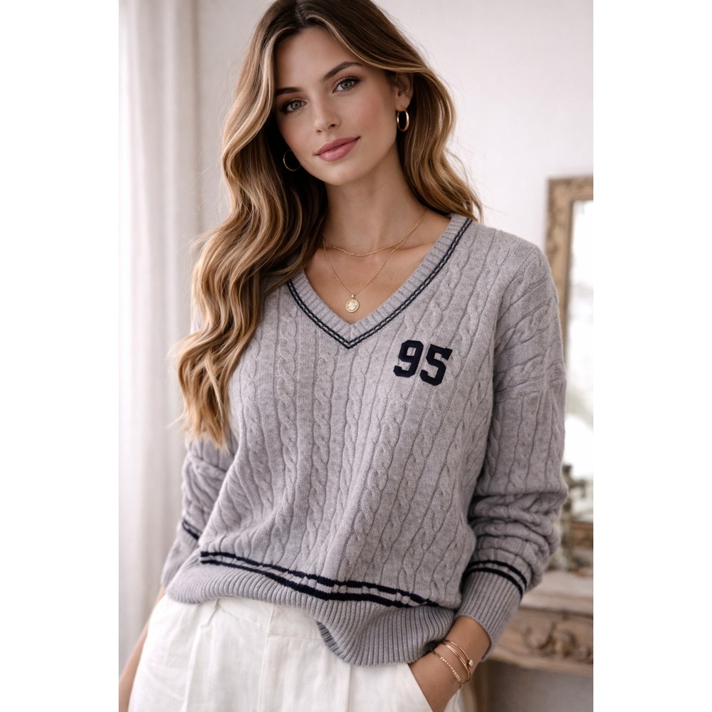 VTG Y2K Arden B Gray‎ Cable Knit Sweater Large V-Neck Varsity Preppy Pullover